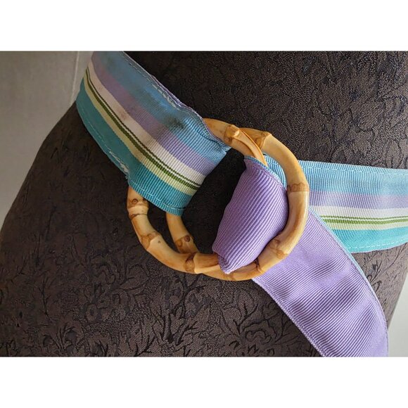 Eliza B Leather Man Womens Belt Medium With Bamboo Buckle & Striped Design - Picture 2 of 8